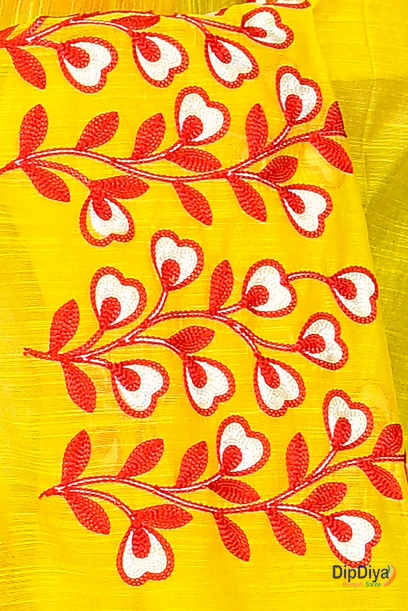 Yellow Cotton Blended Paroni Embroidery Handloom saree (497)